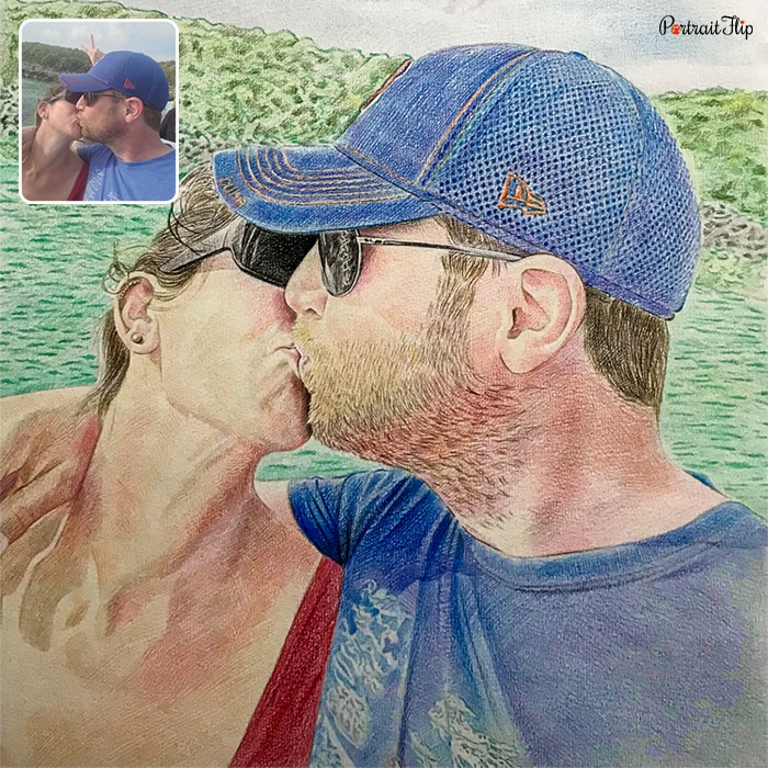 A picture of a couple kissing each other that is converted into a vintage portraits